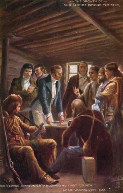 Sir George Simpson vestigt zijn eerste raad nabij Vancouver, 1835 door English School