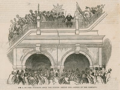 Sir Isambard Brunel trekt zich terug uit de tunnel te midden van het gejuich van het gezelschap door English School