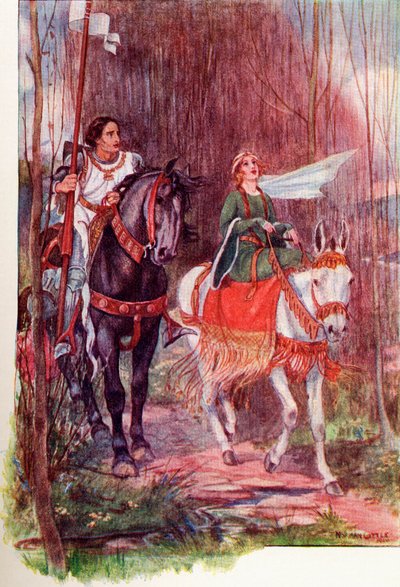 Sir Lancelot en Koningin Guinevere. Gekleurde illustratie uit het boek The Gateway to Tennyson gepubliceerd 1910. door English School