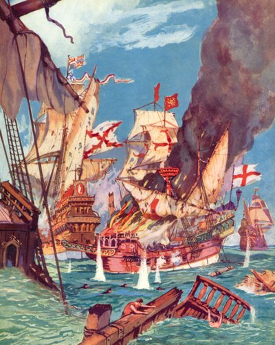 Sir Richard Grenville, Slag bij Flores (kleur litho) door English School