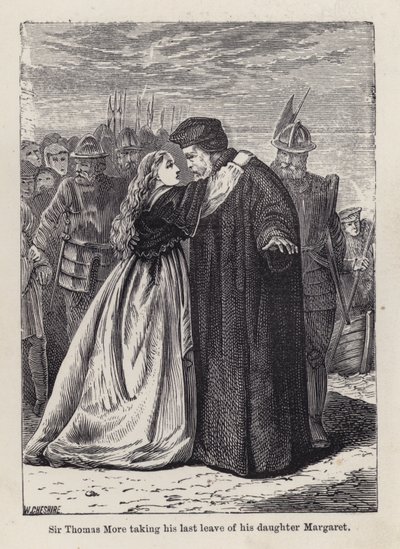 Sir Thomas More neemt afscheid van zijn dochter Margaret Roper (gravure) door English School