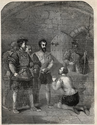 Sir Thomas Wyatt de Jongere (1521-1554) op weg naar zijn executie, plechtig de Prinses Elizabeth en Courtenay vrijpleitend van deelname aan zijn opstand - 1554 - gravure uit 