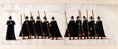 Sir Walter Raleigh, kapitein van de wacht, en de wacht. Deel van de begrafenisstoet van koningin Elizabeth I naar Westminster Abbey, 28 april 1603 door English School