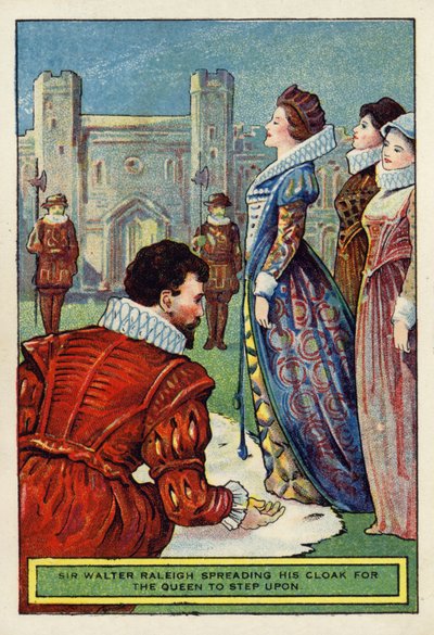 Sir Walter Raleigh spreidt zijn mantel uit voor de koningin om op te stappen door English School