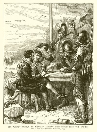 Sir Walter Raleigh in Trinidad, informatie inwinnen bij de Spaanse soldaten over Guiana, 1595 door English School