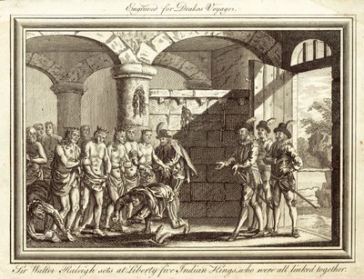 Sir Walter Raleigh bevrijdt vijf Indiase koningen, die allemaal met elkaar verbonden waren (gravure) door English School