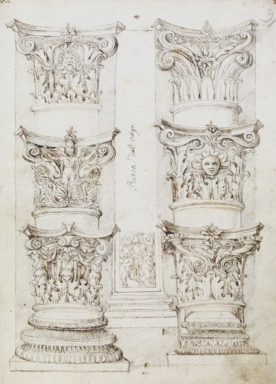 Zes kapitelen, een lesene en twee zuilbasissen, Folio 1, De meester van het Oxford-album, c.1512-17 door English School