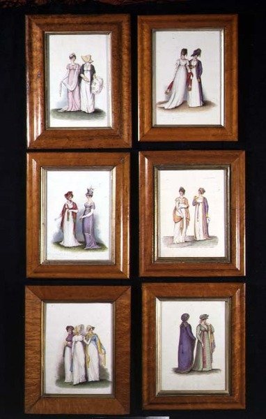 Zes miniaturen die laat 18e en vroeg 19e eeuwse damesmode uitbeelden, c.1825 door English School