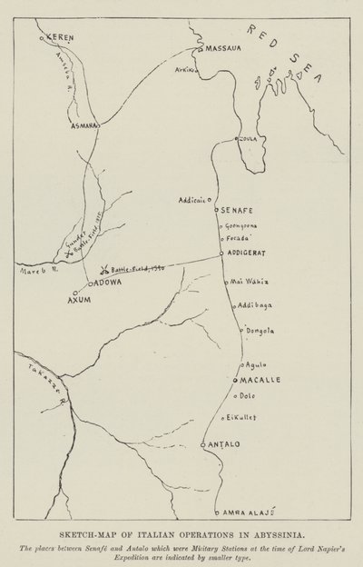 Schetskaart van Italiaanse operaties in Abessinië (gravure) door English School