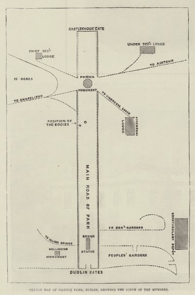 Schetskaart van Phoenix Park, Dublin, met de plaats van de moorden door English School