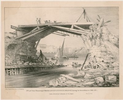 Schets van de oude London Bridge tijdens de sloop in 1831, 1832 door English School