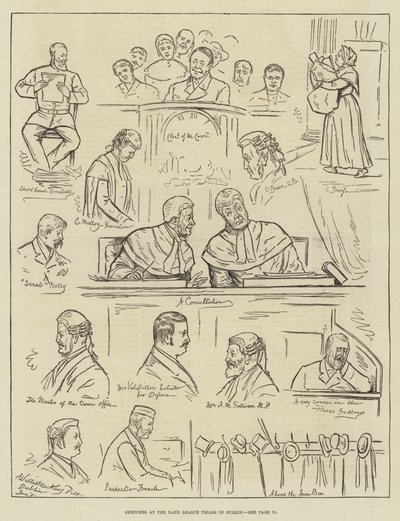 Schetsen bij de Land League-processen in Dublin (gravure) door English School