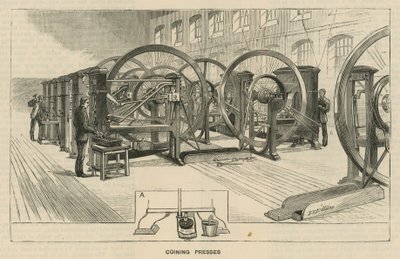 Schetsen bij de Royal Mint, Tower Hill; muntpersen door English School