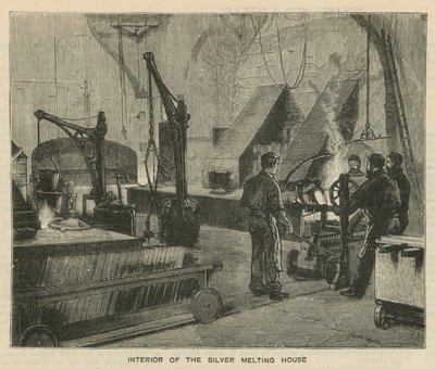 Schetsen bij de Royal Mint, Tower Hill; interieur van het zilversmelt huis door English School
