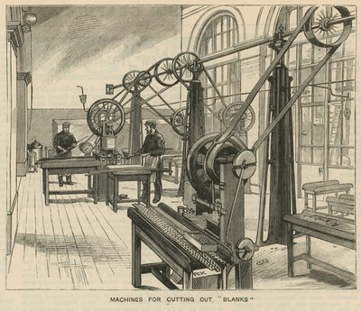 Schetsen bij de Royal Mint, Tower Hill; machines voor het uitsnijden van blanco