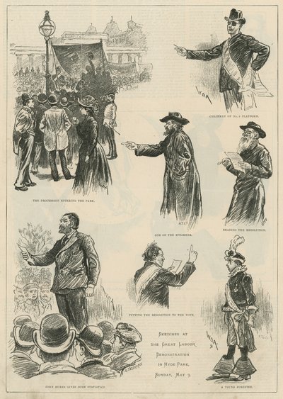 Schetsen bij de grote arbeidersdemonstratie in Hyde Park, zondag 3 mei 1891 door English School