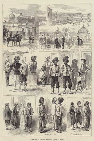 Schetsen in het Kamp van de Indiase Troepen op Malta (gravure) door English School