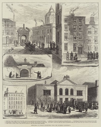 Schetsen in Dublin in verband met de moordcomplot door English School