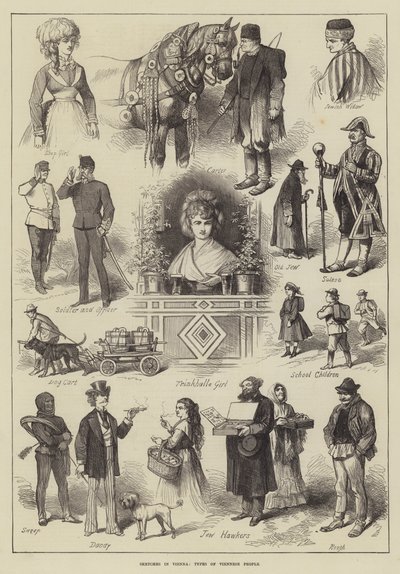 Schetsen in Wenen, typen van Weense mensen (gravure) door English School