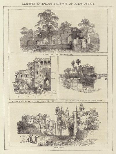 Schetsen van oude gebouwen in Dacca, Bengalen (gravure) door English School