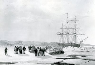 Sledepartij verlaat HMS Investigator in Mercy Bay, onder bevel van luitenant Gurney Creswell (lithografie) door English School