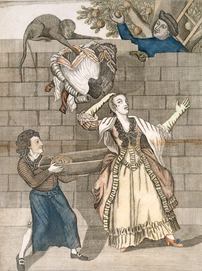 Handigheid van een aap of het hoofd van de dame ontladen, naar een originele tekening van Grimm, gedrukt voor Carington Bowles, Londen, uitgegeven 1778 door English School