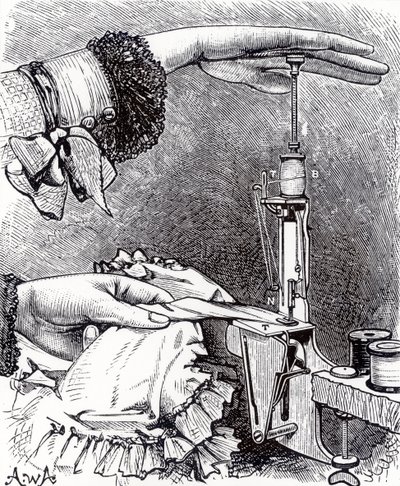 Kleine lockstitch naaimachine, acht inch lang, weegt 8 ons, uit Cassells Family Magazine, gepubliceerd 1886 door English School