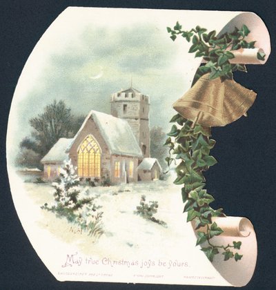 Sneeuwlandschap en kerk, kerstkaart door English School