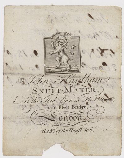 Snuifmaker, John Hardham, handelskaart door English School