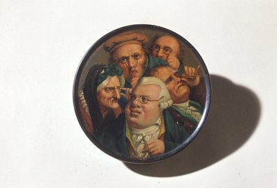 Snuffeldoos, handgeschilderd met een scène van verschillende soorten brillen, begin 19e eeuw (papier-maché) door English School