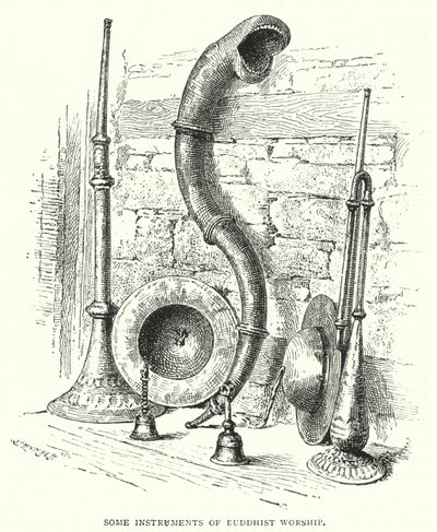 Enkele instrumenten van boeddhistische aanbidding (gravure) door English School