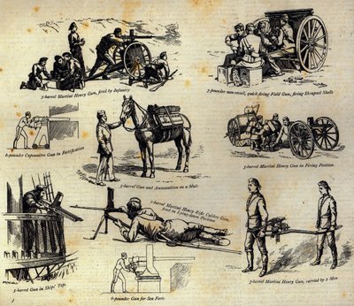 Enkele varianten van het Nordenfelt-kanon zoals nu gebruikt in het leger en de marine, uit The Graphic, 10 april 1886 door English School