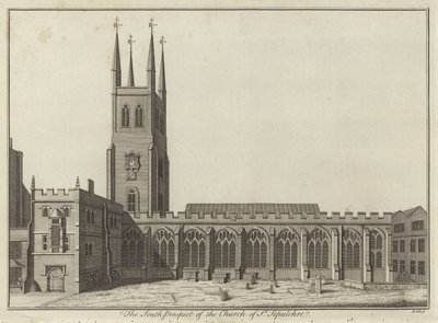 Zuidelijk uitzicht op de kerk van St. Sepulchre, Londen door English School
