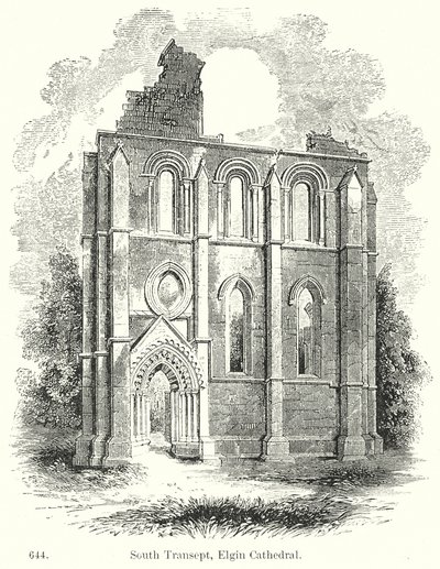 Zuidertransept, Elgin Cathedral (gravure) door English School