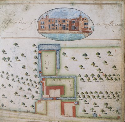 Zuidelijk uitzicht op Kentwell Hall, uit de Survey of the Estate of Richard Moore, Esq. Kentwell Hall, Suffolk, 1777 door English School