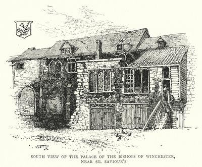 Zuidelijk uitzicht op het paleis van de bisschoppen van Winchester, nabij St Saviour