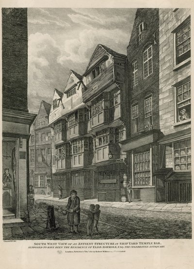 Zuidwestelijk uitzicht van een oude structuur in Ship Yard Temple Bar, verondersteld de residentie te zijn geweest van Elias Ashmole, de beroemde antiquair door English School