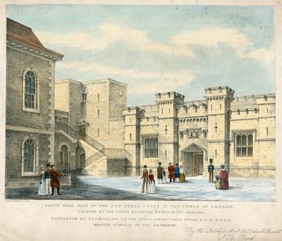 Zuidwestaanzicht van het Nieuwe Juweelhuis in de Tower of London, opgericht 1840-41 door English School