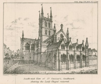 Zuidoostaanzicht van St Saviours Church, Southwark, met de gerestaureerde Lady Chapel door English School