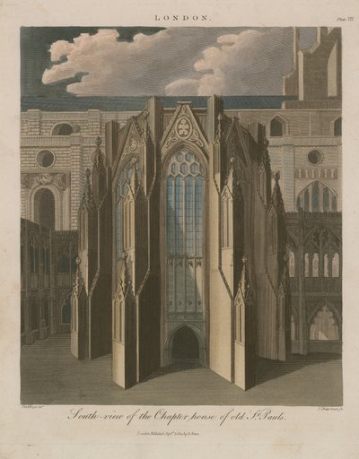 Zuidelijk uitzicht op het kapittelhuis van de oude kathedraal van St. Pauls door English School