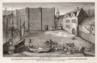 Zuidelijk aanzicht van het Douanehuis, Londen, tijdens het bewind van Koningin Elizabeth door English School