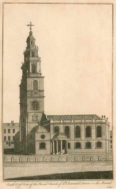 Zuidwestelijk uitzicht op de parochiekerk van St Clements Danes in de Strand door English School