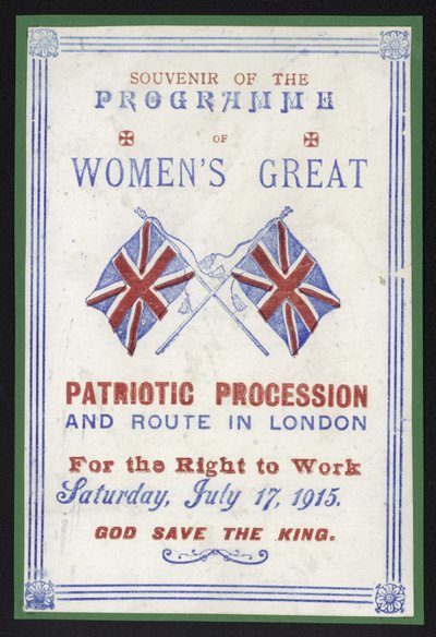 Souvenirprogramma van de vrouwenprocessie voor het recht op werk, Londen, 17 juli 1915 door English School