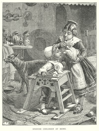 Spaanse kinderen thuis (gravure) door English School