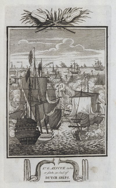 Sr G Ayscue neemt of zinkt 30 Nederlandse schepen (gravure) door English School