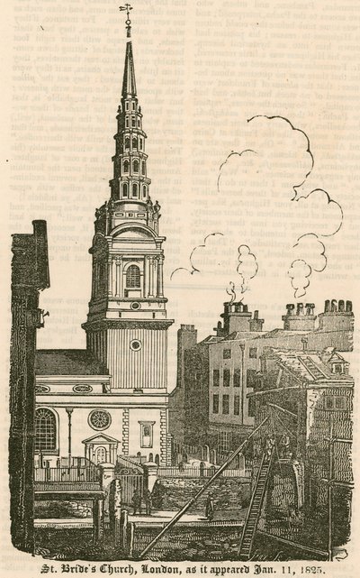 St Brides Kerk, Fleet Street, Londen, zoals het verscheen op 11 januari 1825 door English School