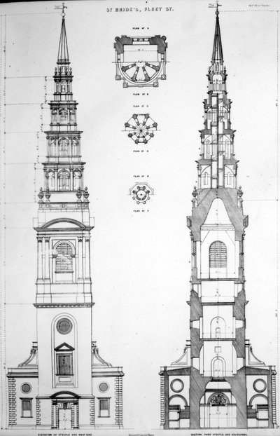 St. Brides, Fleet Street, Elevatie van het westelijke uiteinde, 19e eeuw door English School