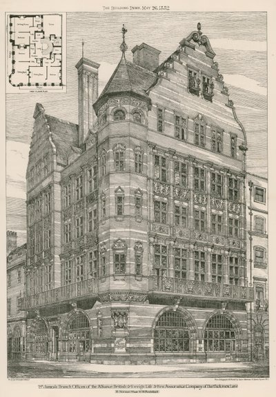 St Jamess bijkantoren van de Alliance British & Foreign Life & Fire Assurance Company van Bartholomew Lane, Londen door English School