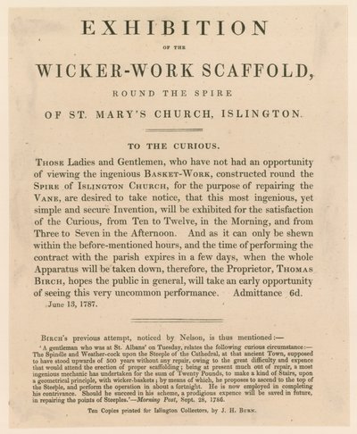 St Marys Church, Islington (oude kerk). Tentoonstelling van de vlechtwerk steiger door English School