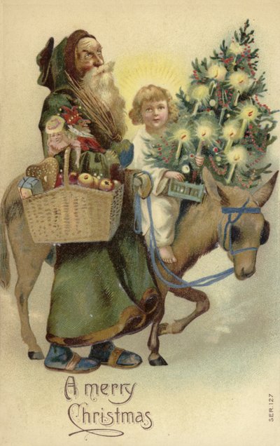 Sint Nicolaas en Jezus Christus, met kerstboom en cadeaus door English School